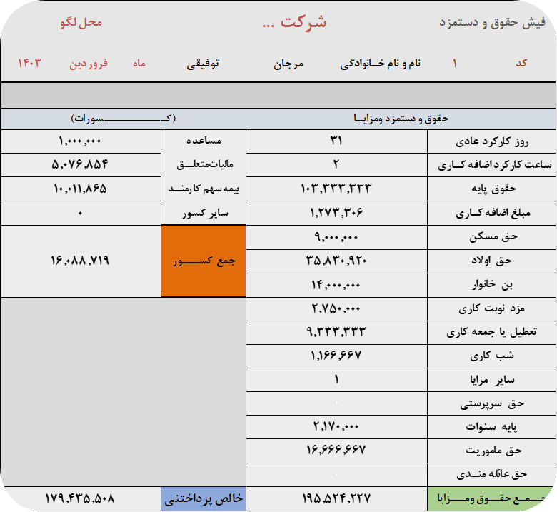 فیش حقوقی اکسل محاسبه حقوق و دستمزد 1403